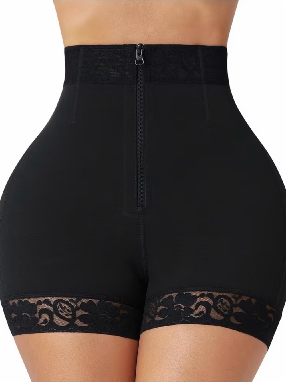 High-Waist Black Shaping Shorts with Lace Trim